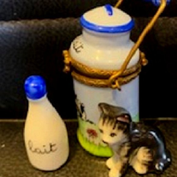 Limoges Porcelain Box Cat Cow Milk Jug & Bottle